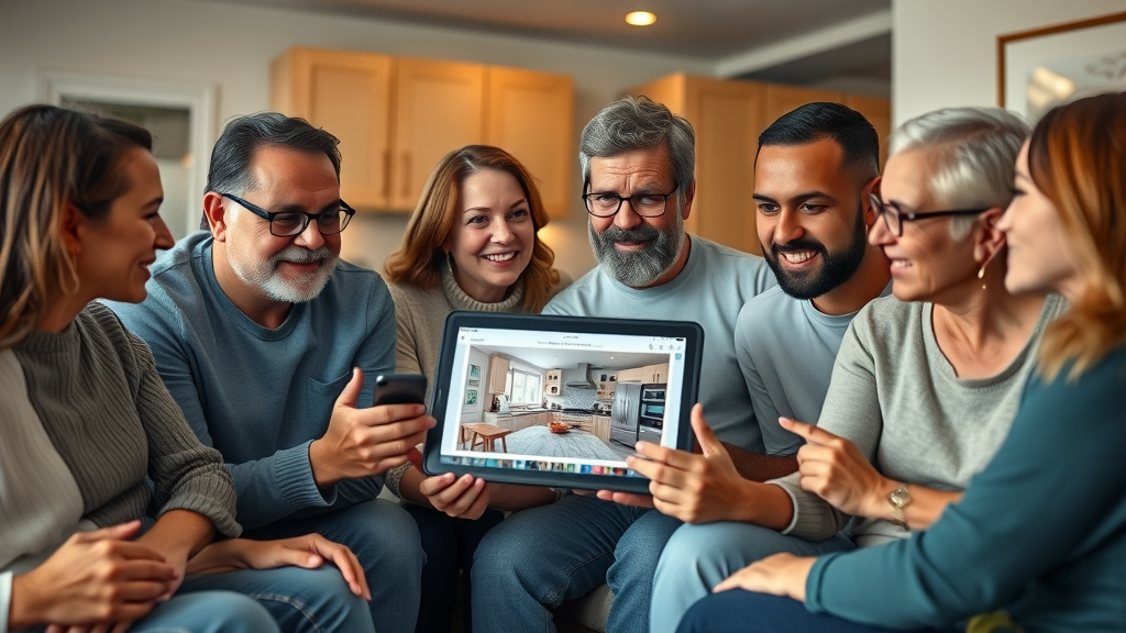 smiling people around computer