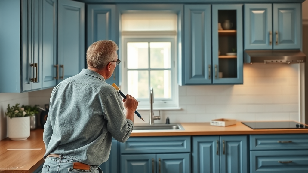 man looking at kitchen cabinetry