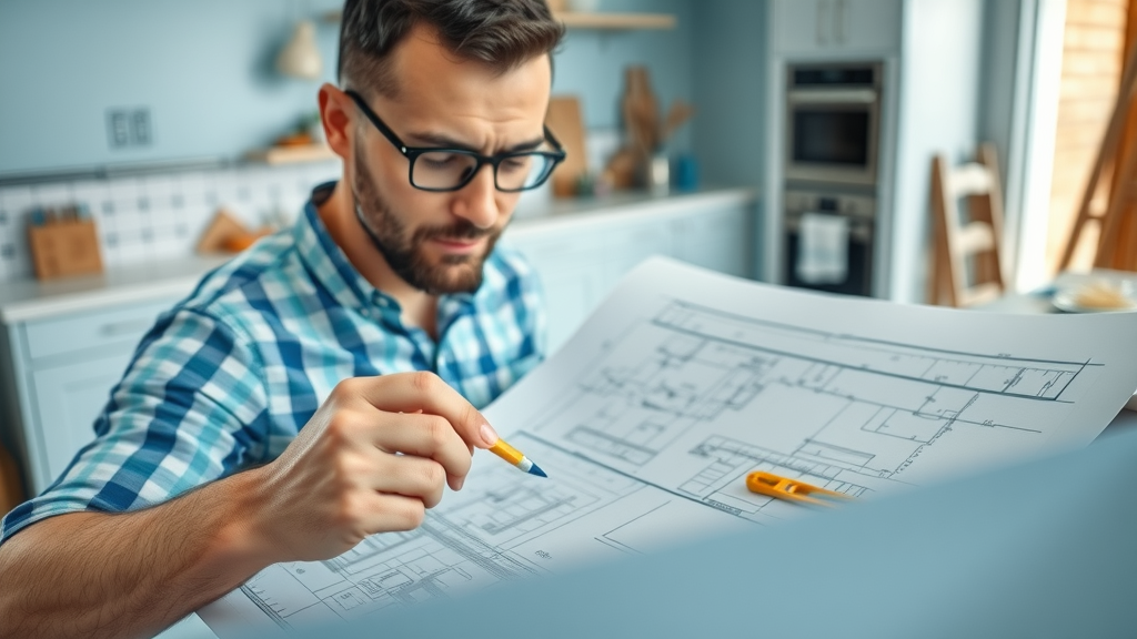 man looking at blueprint