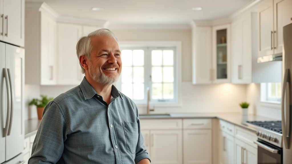 smiling elderly man in kitchen